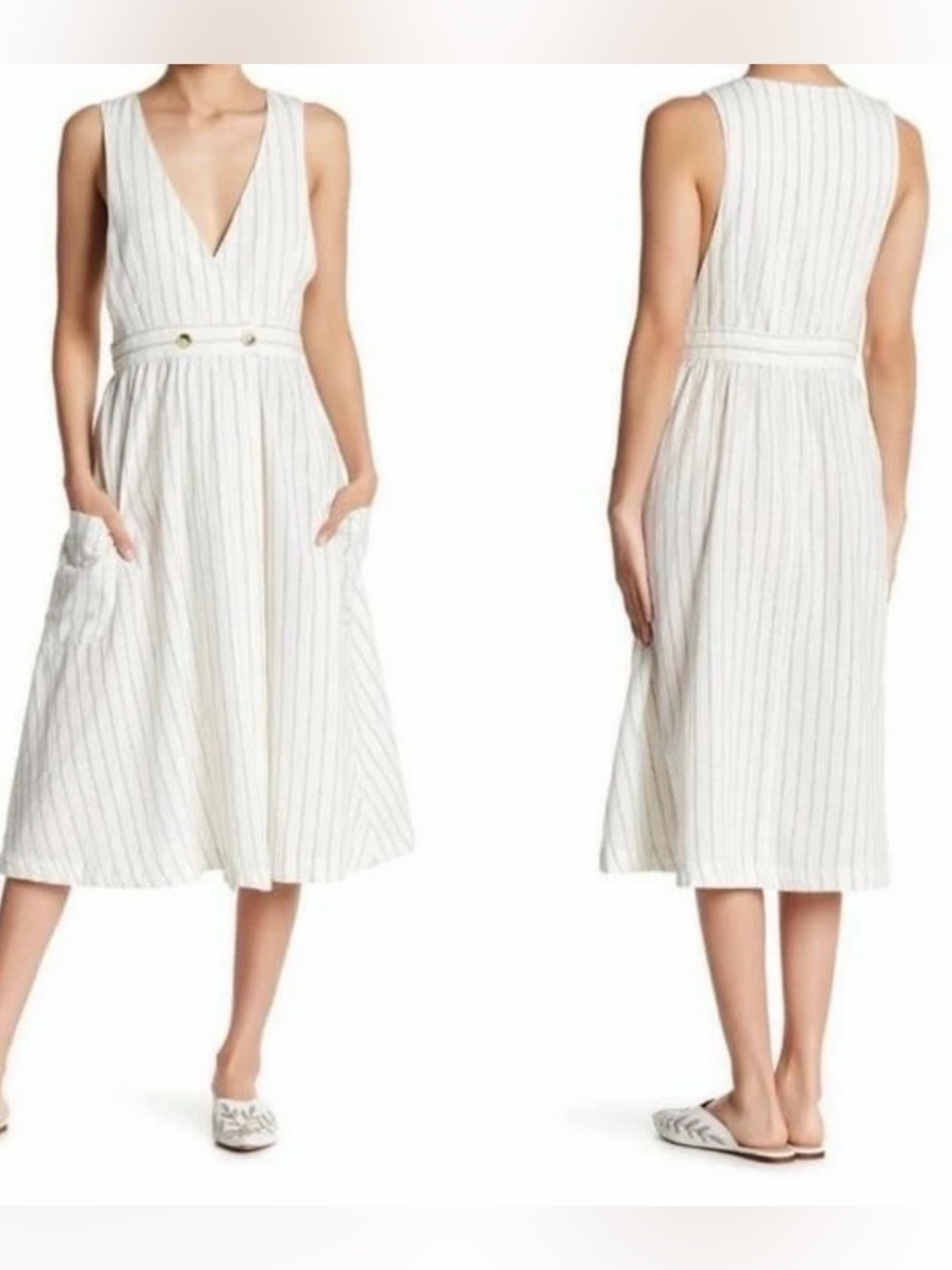 Free People Diana Pinstripe Wrap Midi Dress Black & Ivory Size Small